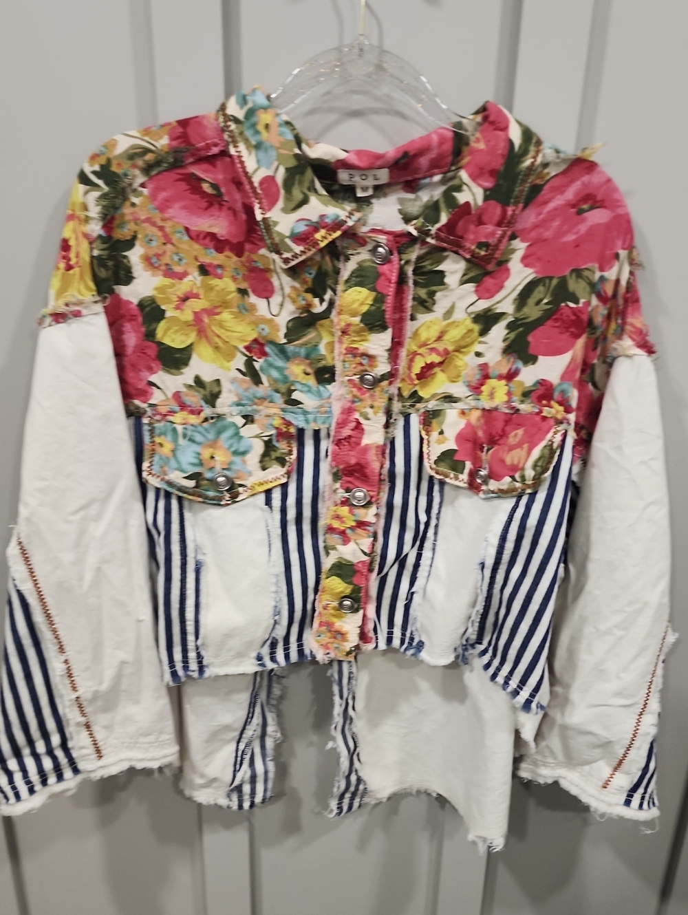Floral & Striped Womens Button-Front Jacket - Pink / Yellow